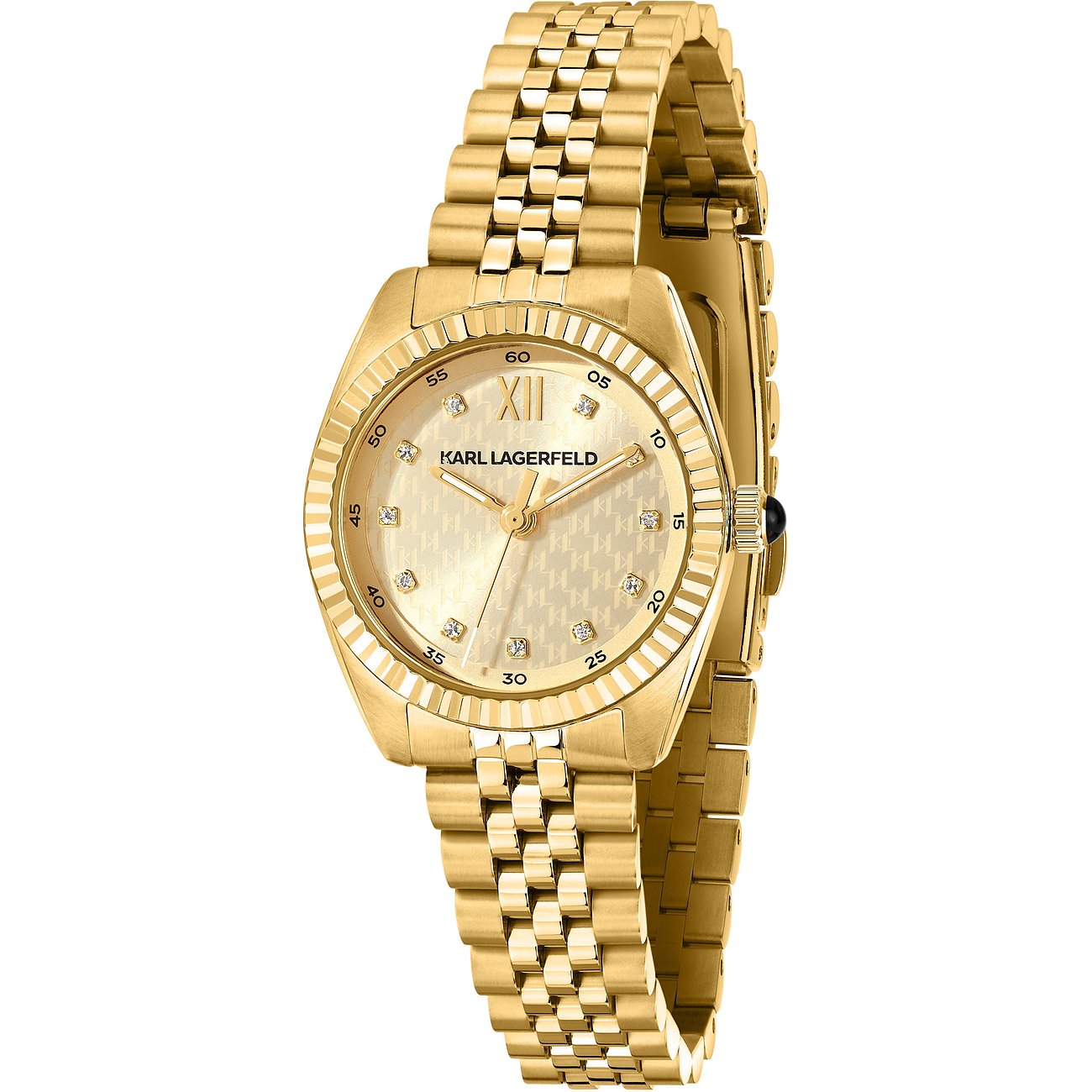 En guldfärgad Karl Lagerfeld damklocka i rostfritt stål med glänsande urtavla och smyckesstensindex.