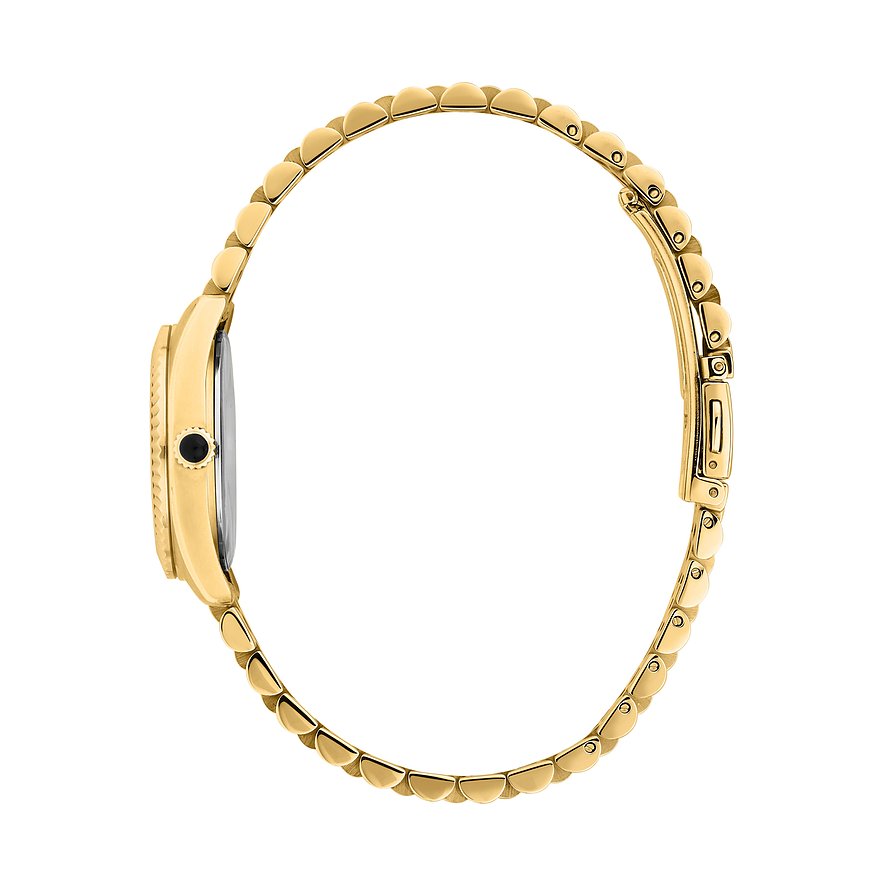 Sidovy av ett guld Karl Lagerfeld damur i rostfritt stål med stängt spänne.