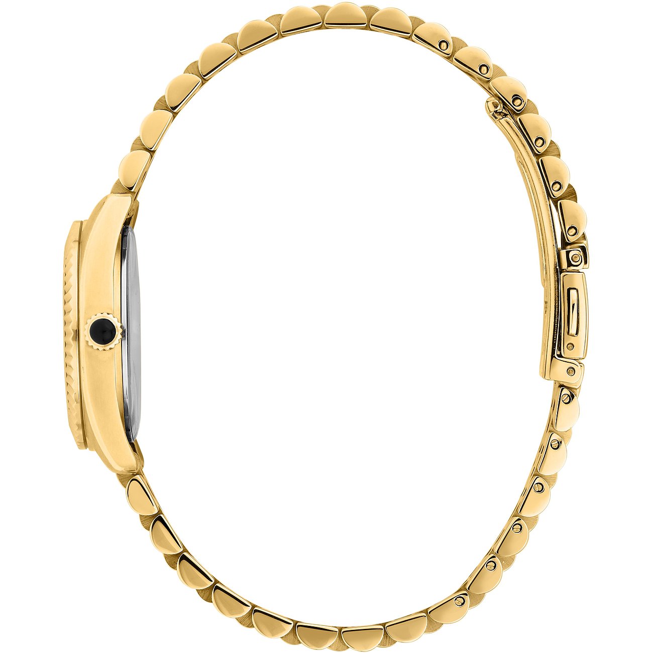 Sidovy av ett guld Karl Lagerfeld damur i rostfritt stål med stängt spänne.