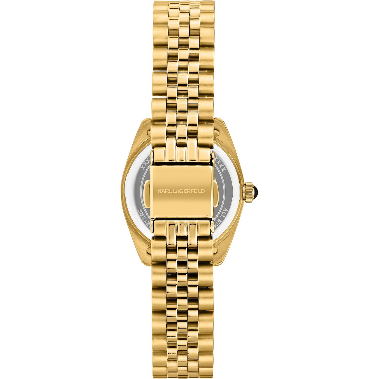Baksida av en Karl Lagerfeld damklocka i guldfärgat rostfritt stål med stängt viklås.