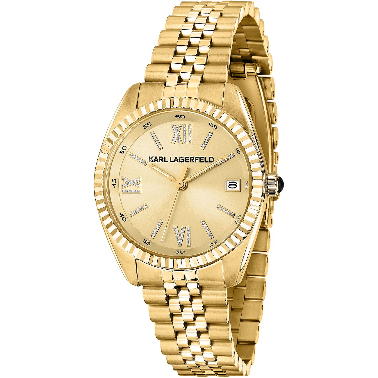 Elegante orologio da donna Karl Lagerfeld in acciaio inossidabile color oro con quadrante lucido e indici brillanti.