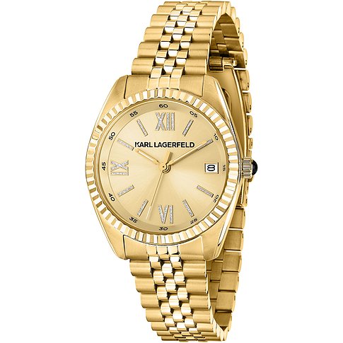 Eine stilvolle Karl Lagerfeld Damenuhr aus goldfarbenem Edelstahl mit glänzendem Zifferblatt und glitzernden Indexen.