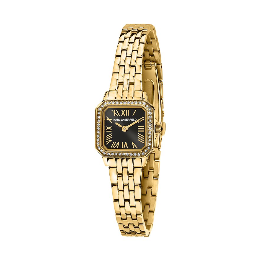 En guldfärgad Karl Lagerfeld damklocka i rostfritt stål med rektangulär urtavla, romerska siffror och ädelstenar.