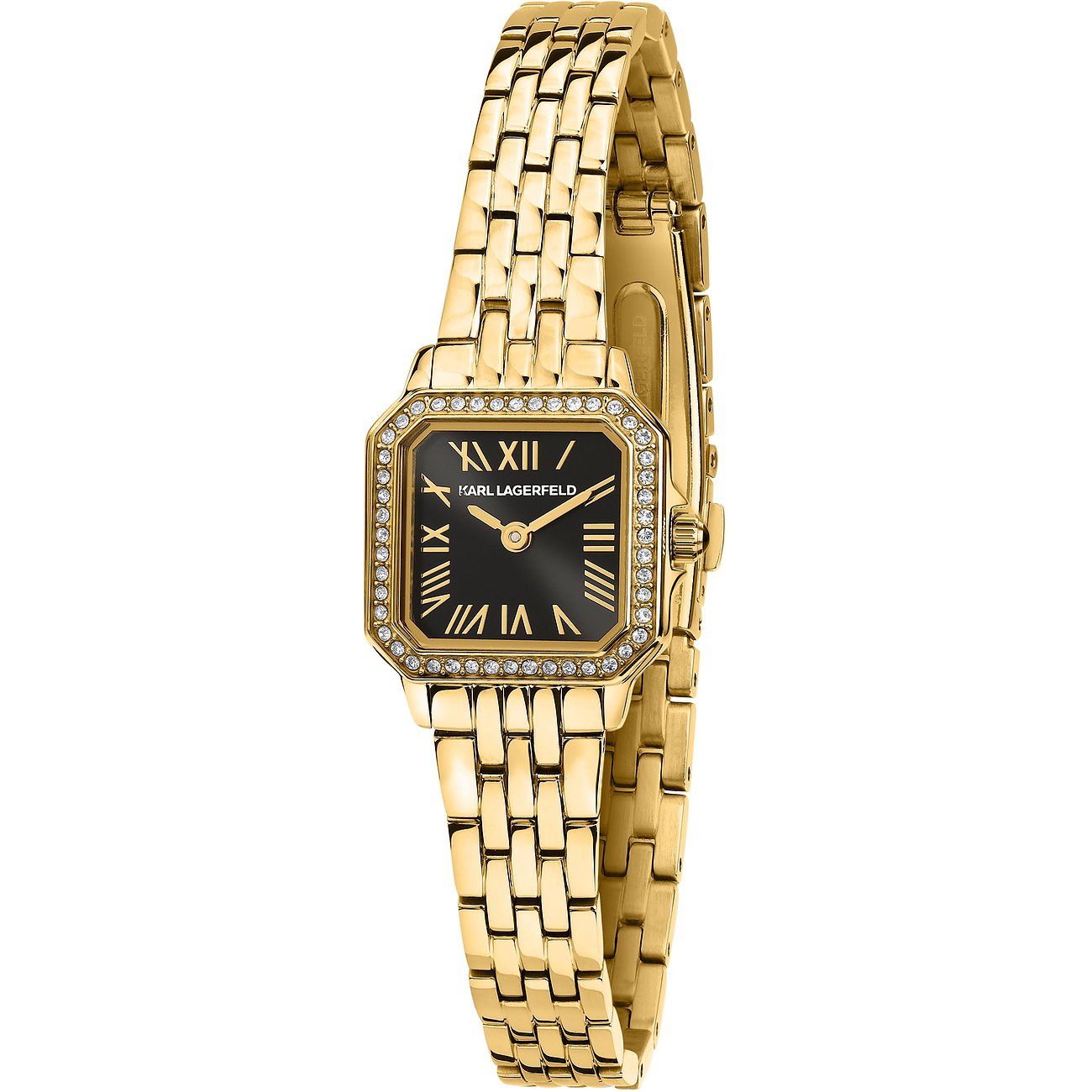 En guldfärgad Karl Lagerfeld damklocka i rostfritt stål med rektangulär urtavla, romerska siffror och ädelstenar.