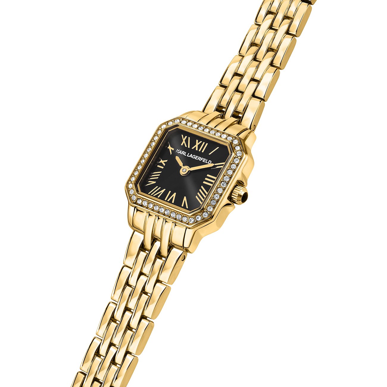 Karl Lagerfeld damklocka: guldfärgat rostfritt stål, åttakantigt boett med stenar, svart urtavla.
