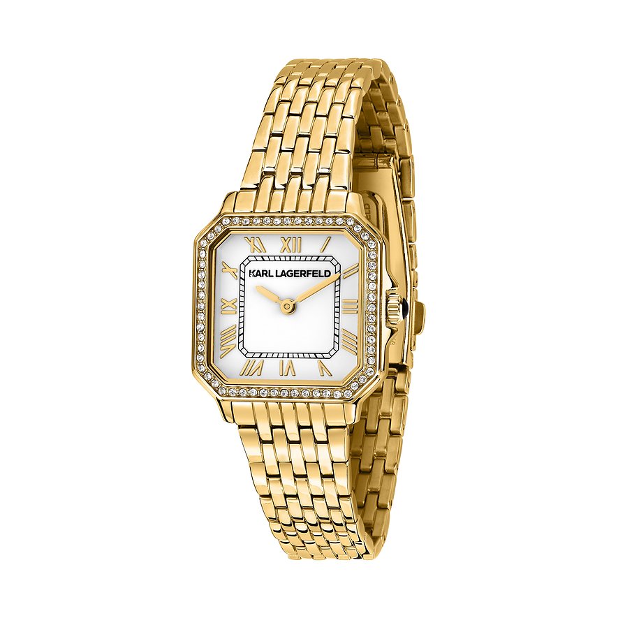 Karl Lagerfeld damklocka: guldfärgat rostfritt stål med fyrkantig, vit urtavla och glittrande ädelstenar.