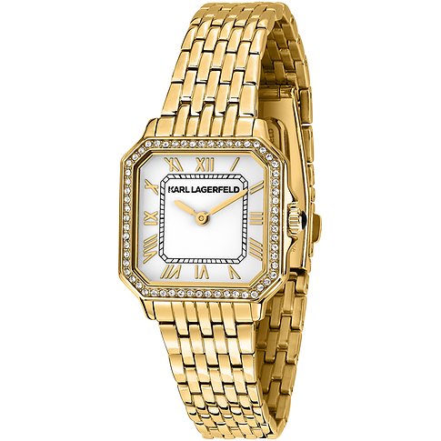 Orologio da donna Karl Lagerfeld: acciaio dorato, quadrante bianco quadrato e gemme scintillanti.