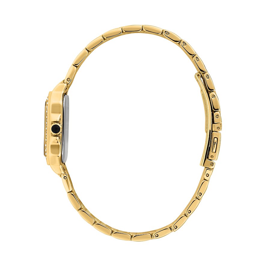 Sidovy av ett gyllene Karl Lagerfeld damur i rostfritt stål med glittrande urtavleinfattning.