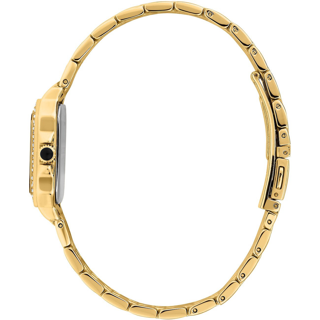 Sidovy av ett gyllene Karl Lagerfeld damur i rostfritt stål med glittrande urtavleinfattning.