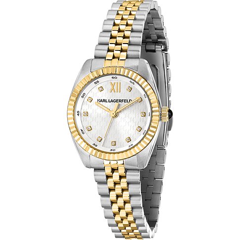Orologio da donna Karl Lagerfeld in acciaio inossidabile bicolore, accenti dorati e diamanti sul quadrante, dall'alto.