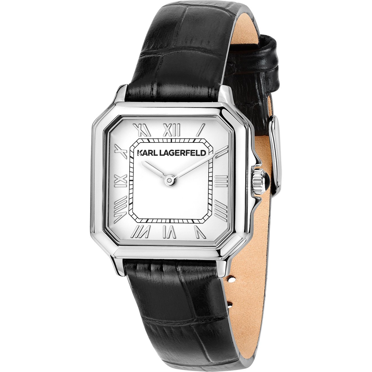 Karl Lagerfeld Damenuhr: Edelstahl, eckiges silbernes Gehäuse, weißes Zifferblatt, schwarzes Lederarmband.