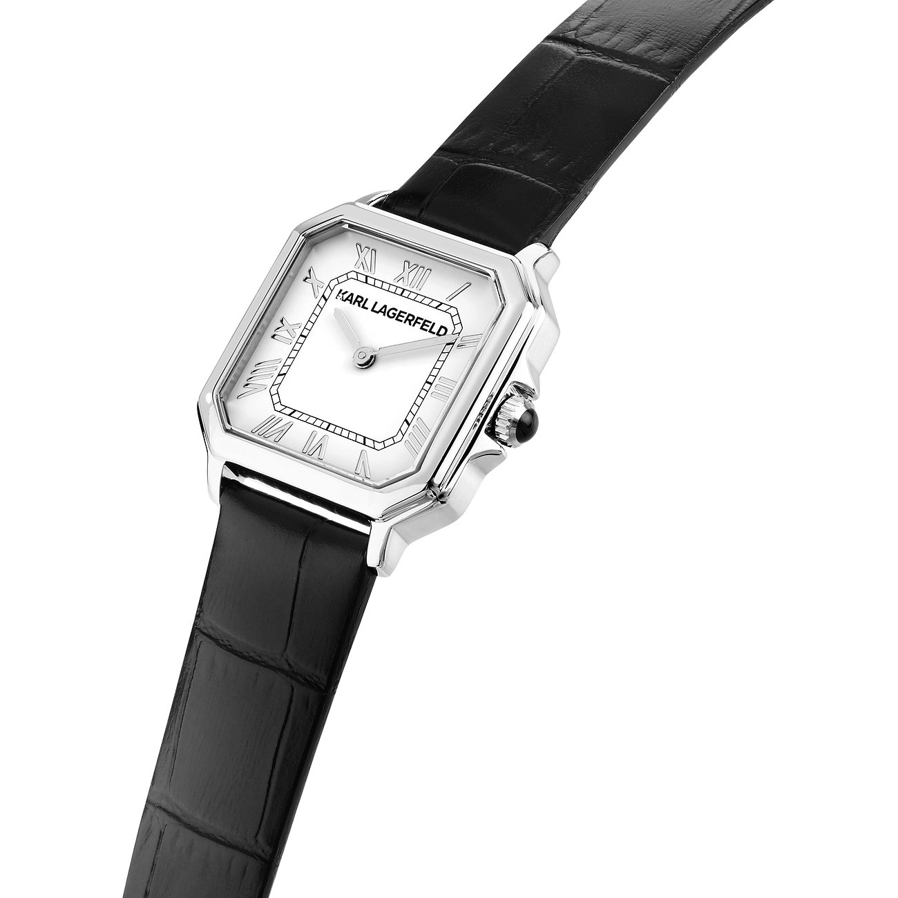 Karl Lagerfeld Damenuhr: Edelstahl, eckiges Silbergehäuse, weißes Zifferblatt, schwarzes Krokolederarmband.