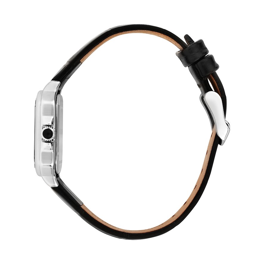 Seitenansicht der Karl Lagerfeld Damenuhr aus Edelstahl mit schwarzem Leder-Armband und silberner Dornschließe.