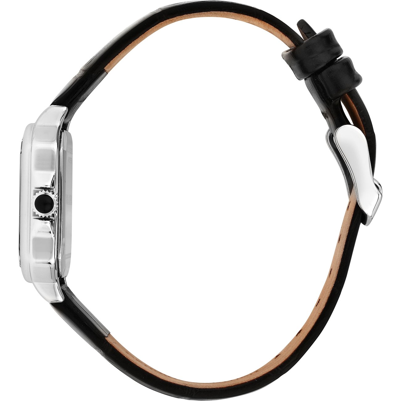 Seitenansicht der Karl Lagerfeld Damenuhr aus Edelstahl mit schwarzem Leder-Armband und silberner Dornschließe.