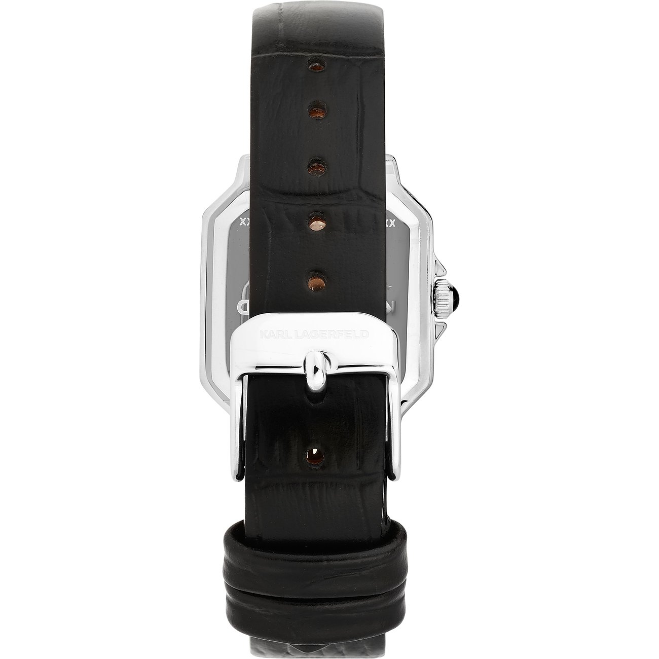 Rückansicht der Karl Lagerfeld Damenuhr aus schwarzem Leder und glänzendem Edelstahl mit Dornschließe.