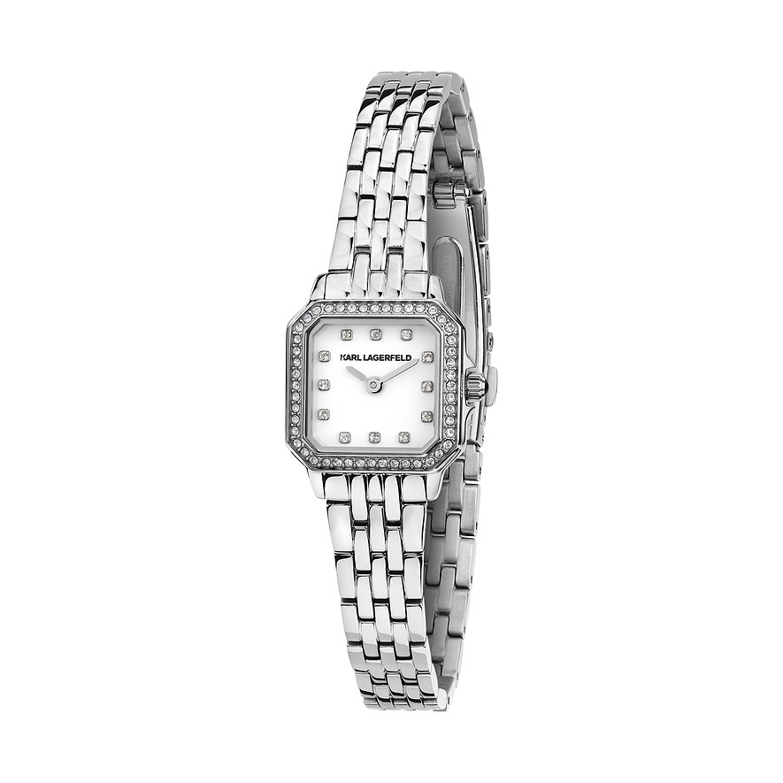 Karl Lagerfeld damklocka i rostfritt stål med fyrkantig vit urtavla och infattade smyckesstenar.