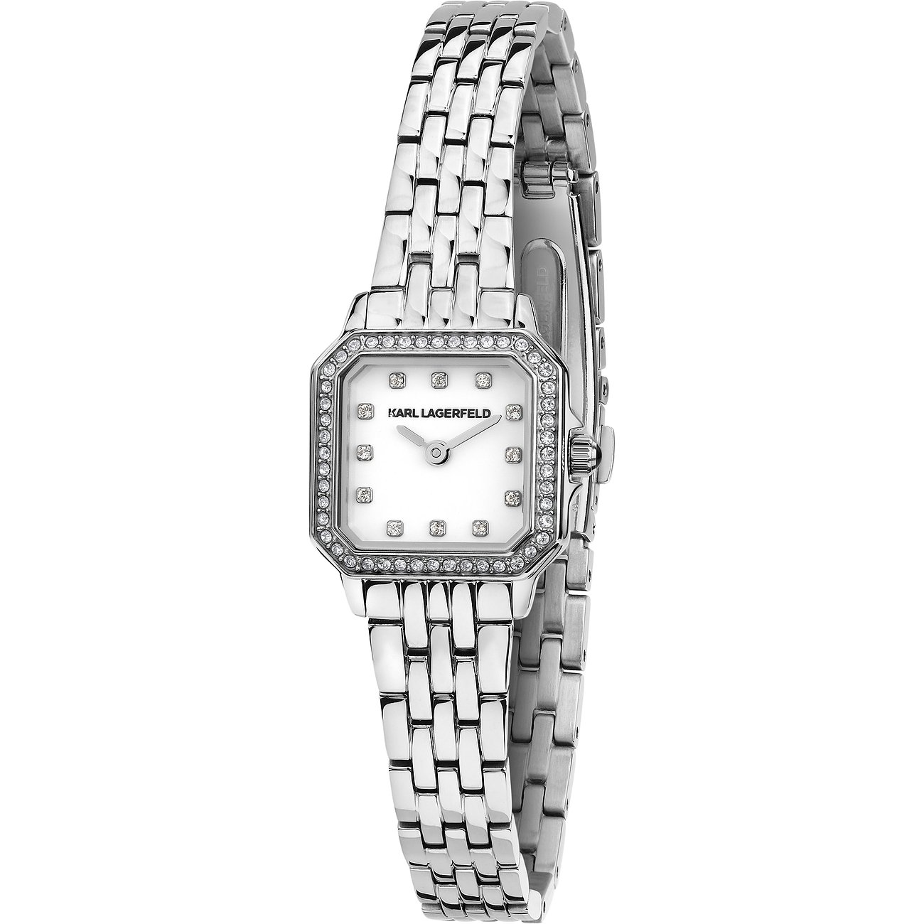 Karl Lagerfeld damklocka i rostfritt stål med fyrkantig vit urtavla och infattade smyckesstenar.
