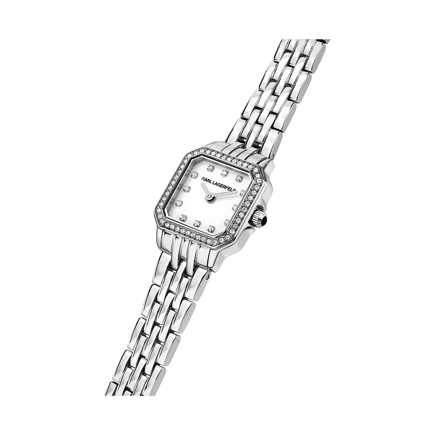 Karl Lagerfeld damklocka i skimrande rostfritt stål med åttkantig urtavla och dekorativa stenar.