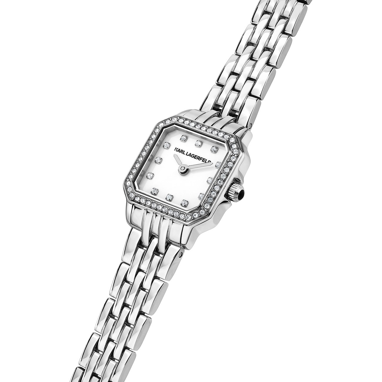 Karl Lagerfeld damklocka i skimrande rostfritt stål med åttkantig urtavla och dekorativa stenar.