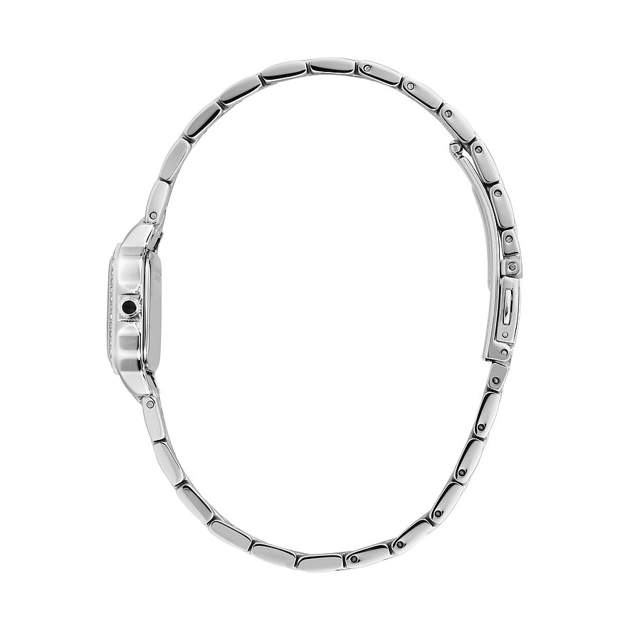 Sidovy av Karl Lagerfeld damklocka. Armband i polerat rostfritt stål, urtavla med steninfattad kant.