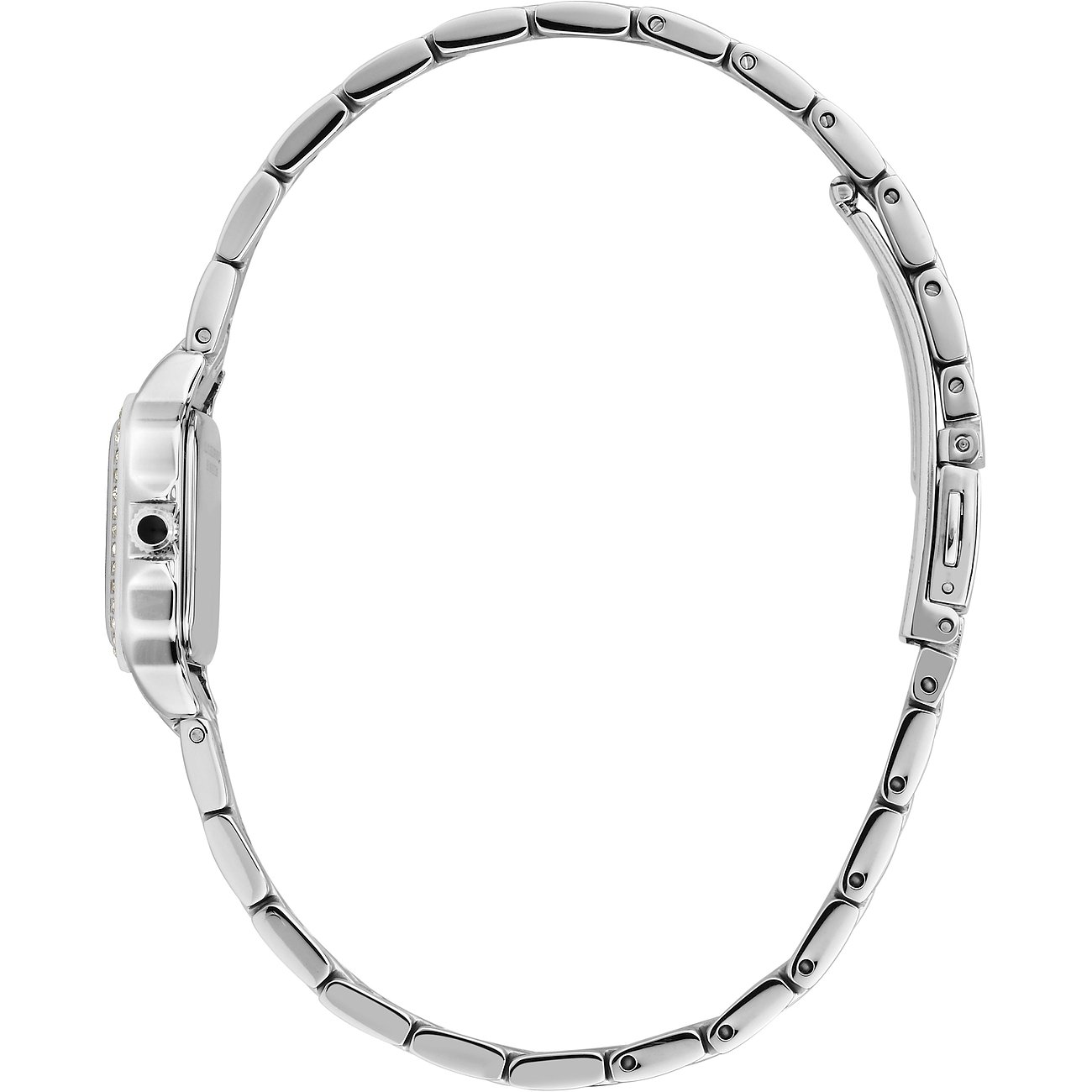 Sidovy av Karl Lagerfeld damklocka. Armband i polerat rostfritt stål, urtavla med steninfattad kant.