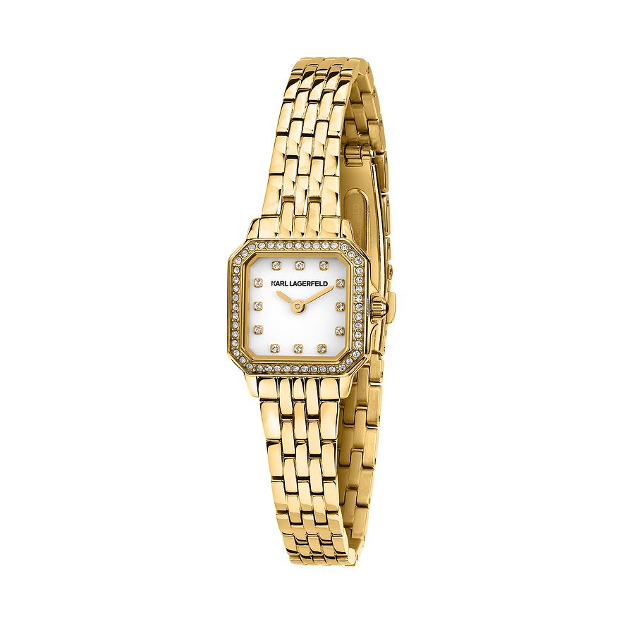 Karl Lagerfeld damklocka i guldfärgat rostfritt stål med fyrkantig urtavla och gnistrande stenar.