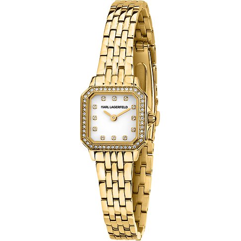 Karl Lagerfeld Damenuhr aus goldfarbenem Edelstahl mit eckigem Zifferblatt und glitzernden Steinen.