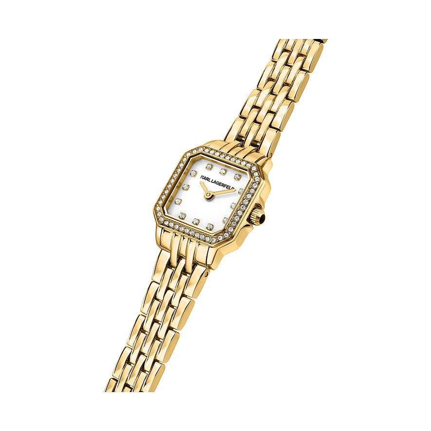 Karl Lagerfeld damklocka i guldfärgat rostfritt stål med åttkantigt boett och gnistrande smyckesstenar.