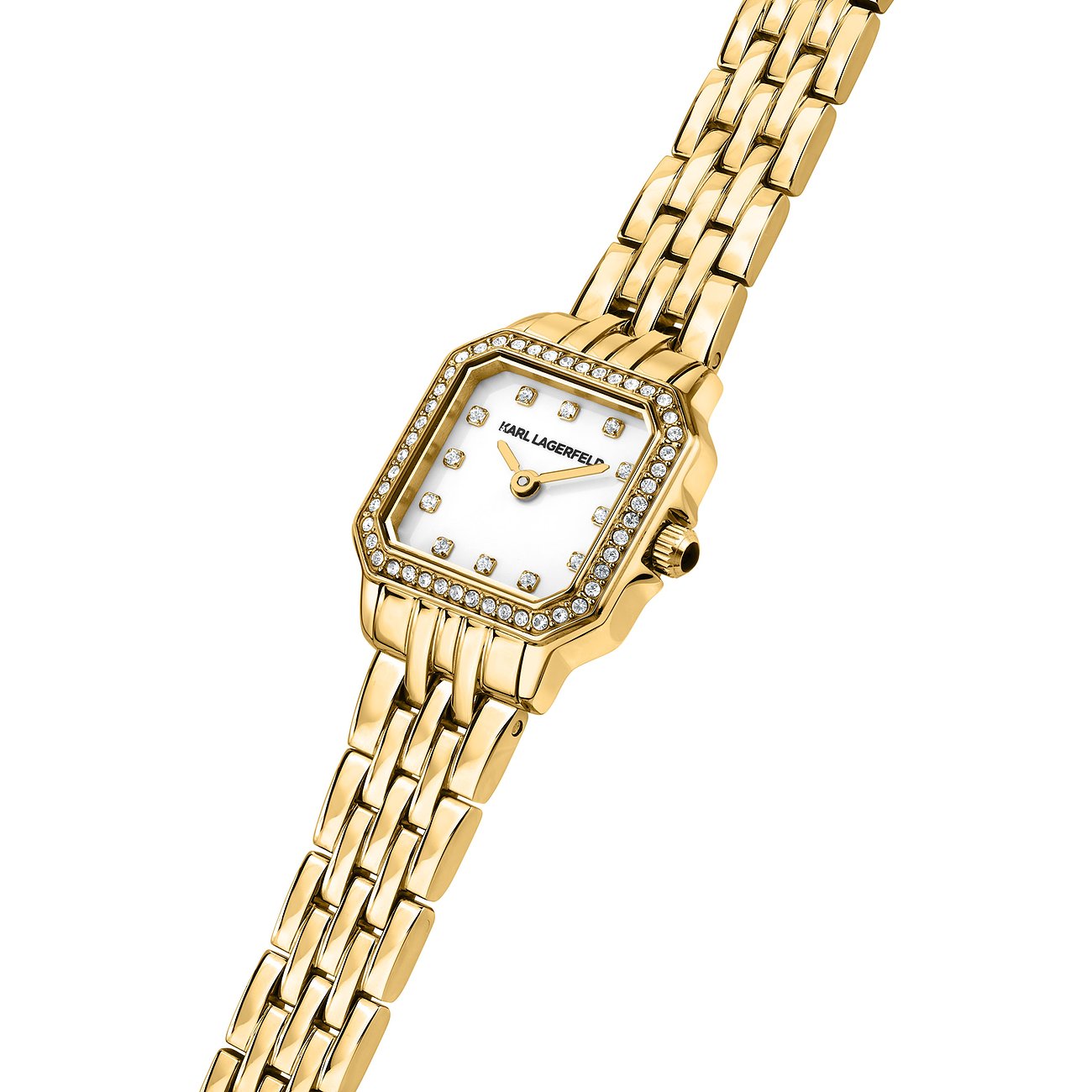Karl Lagerfeld damklocka i guldfärgat rostfritt stål med åttkantigt boett och gnistrande smyckesstenar.