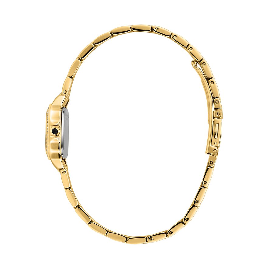 Sidovy av en Karl Lagerfeld damklocka i guldfärgat rostfritt stål med glittrande stenar på boetten.