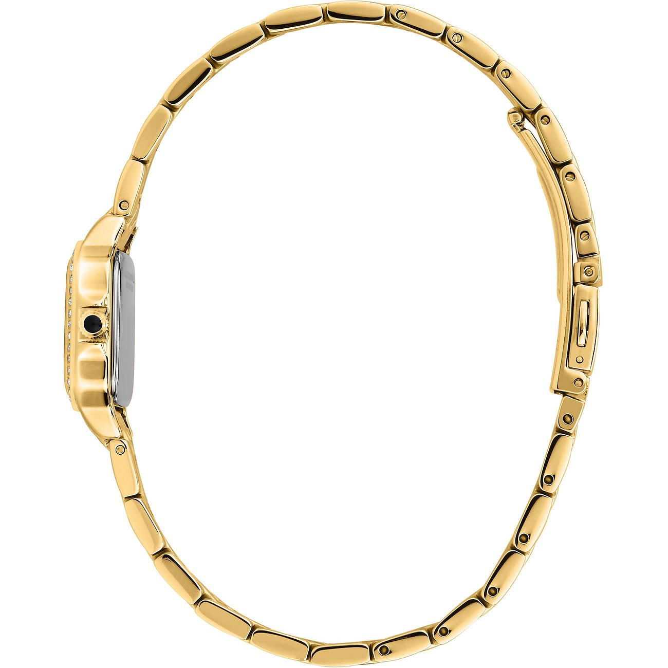 Sidovy av en Karl Lagerfeld damklocka i guldfärgat rostfritt stål med glittrande stenar på boetten.