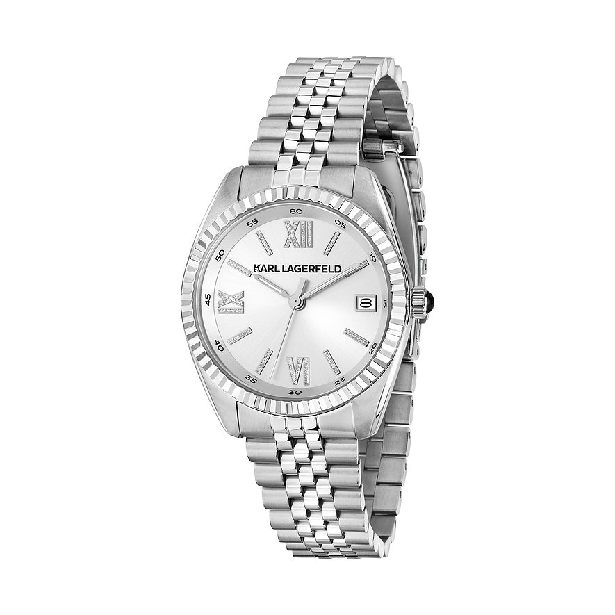 Karl Lagerfeld damklocka i rostfritt stål med silverfärgad urtavla och romerska siffror på vit bakgrund.