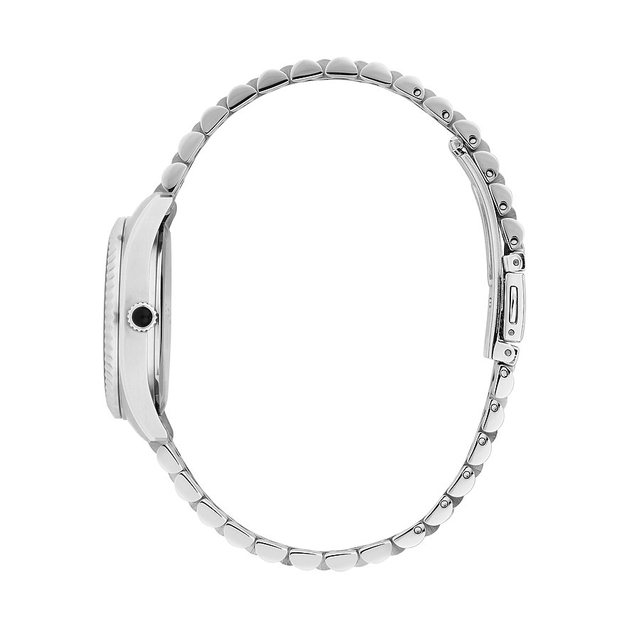 Sidovy av Karl Lagerfeld damklocka i rostfritt stål med fint länkarmband och en svart knapp på kronan.