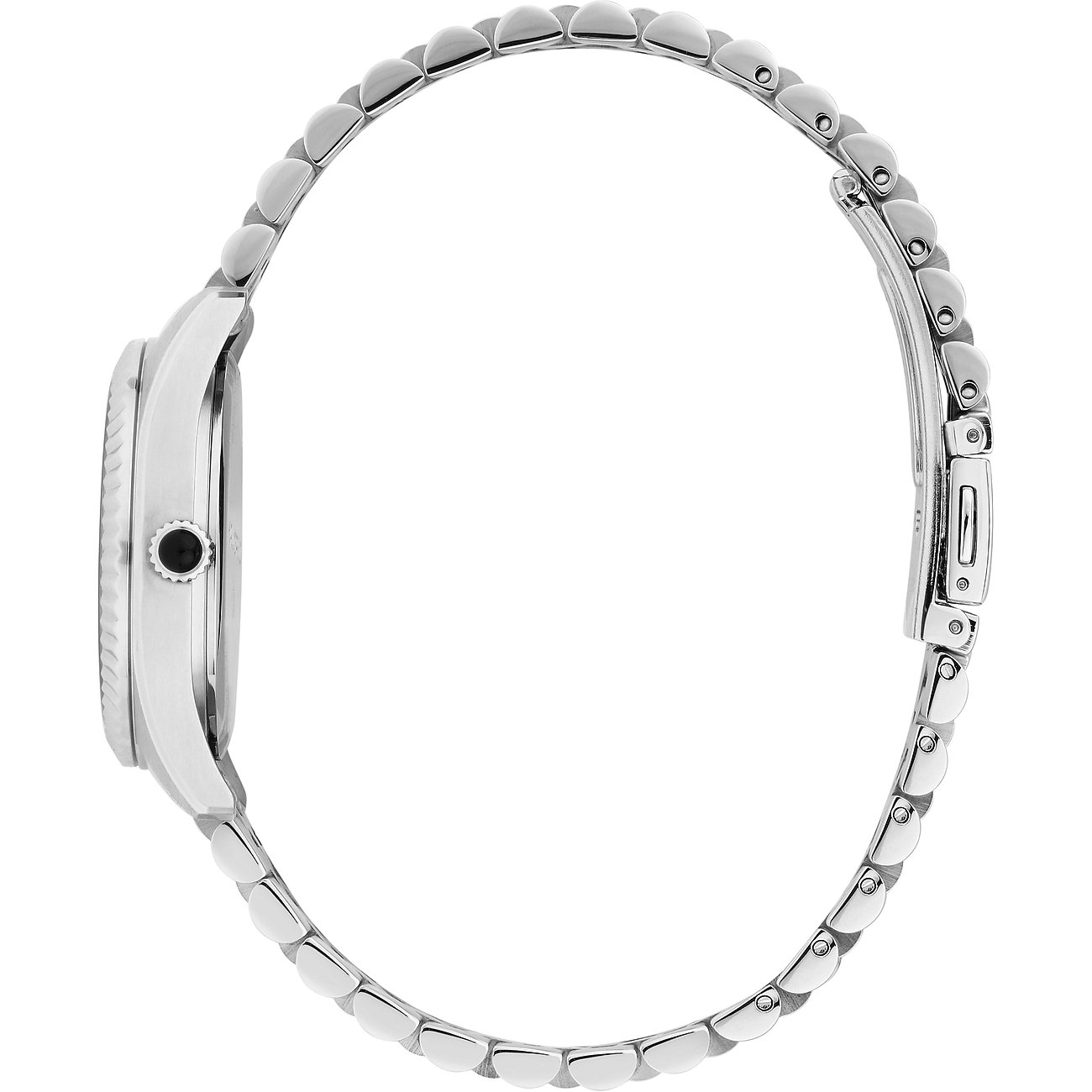 Sidovy av Karl Lagerfeld damklocka i rostfritt stål med fint länkarmband och en svart knapp på kronan.