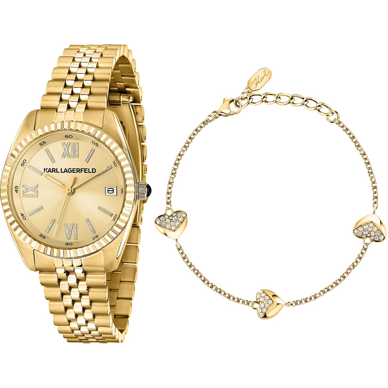 Et Karl Lagerfeld sæt med et guld ur i rustfrit stål og et matchende armbånd med tre hjerteformede, glitrende charms.