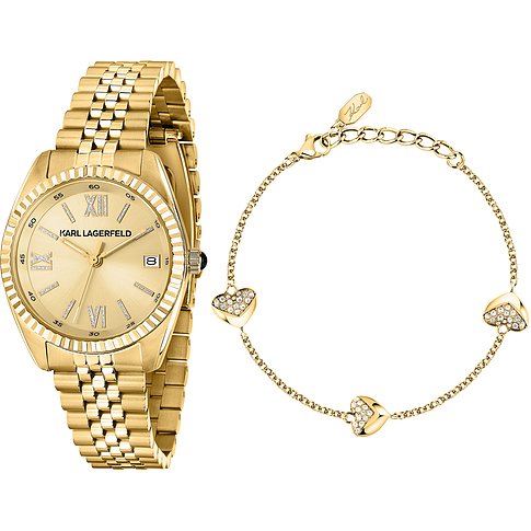 Ein Karl Lagerfeld Set aus goldener Edelstahluhr und passendem Armband mit drei herzförmigen, glitzernden Charms.