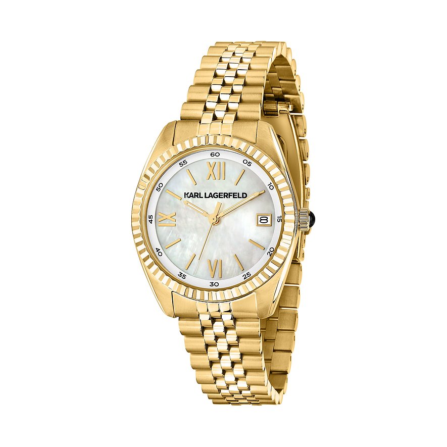 Karl Lagerfeld Damenuhr aus goldfarbenem Edelstahl mit weißem Zifferblatt und römischen Ziffern.