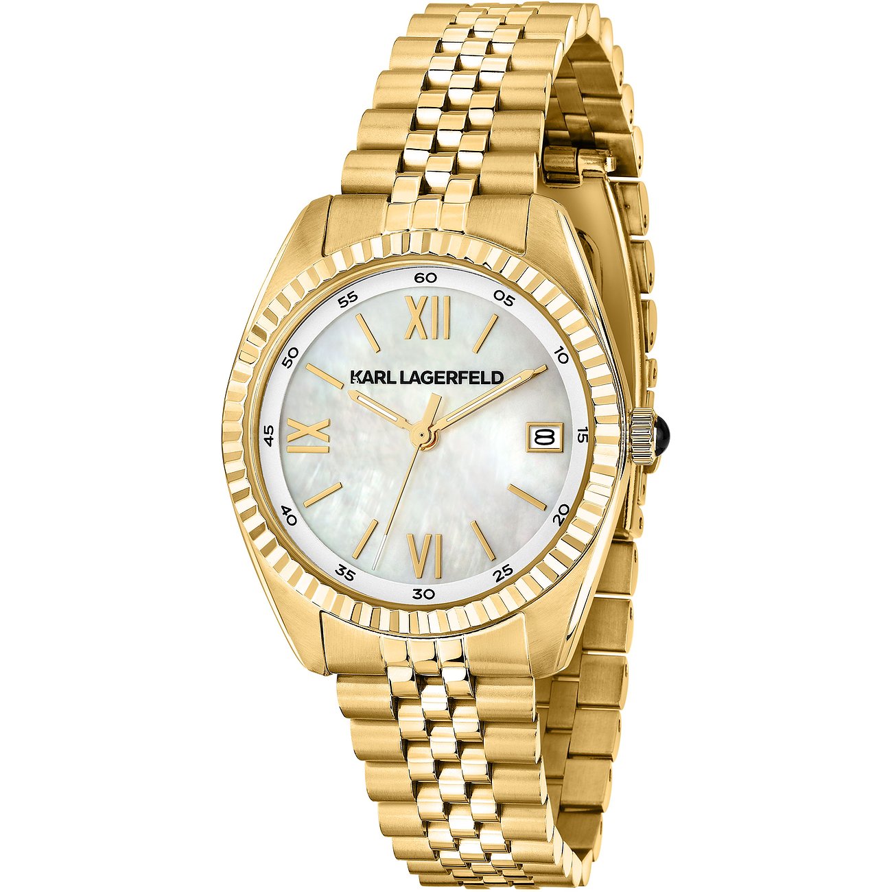Karl Lagerfeld Damenuhr aus goldfarbenem Edelstahl mit weißem Zifferblatt und römischen Ziffern.