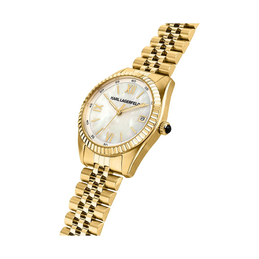 Karl Lagerfeld Damenuhr aus goldfarbenem Edelstahl mit Lünette und Perlmuttzifferblatt