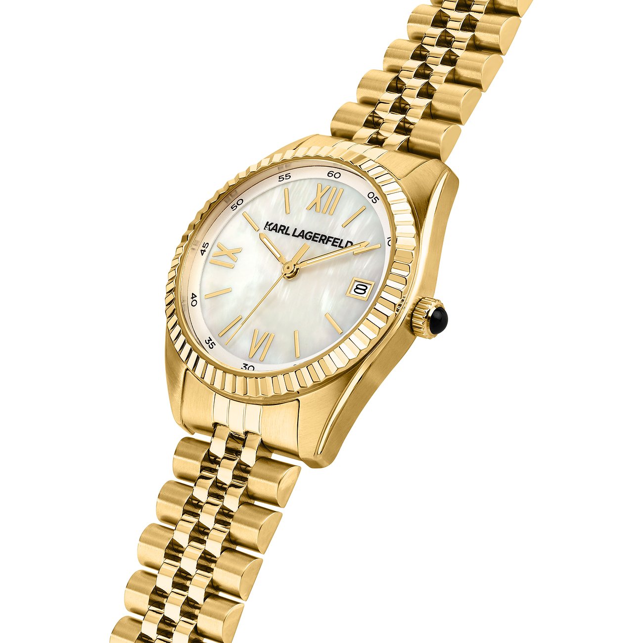 Karl Lagerfeld Damenuhr aus goldfarbenem Edelstahl mit Lünette und Perlmuttzifferblatt