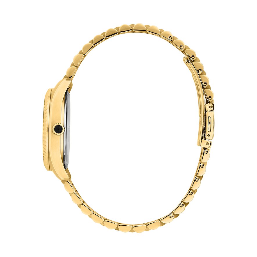 Seitenansicht einer goldenen Karl Lagerfeld Damenuhr aus Edelstahl mit geschlossener Schließe.