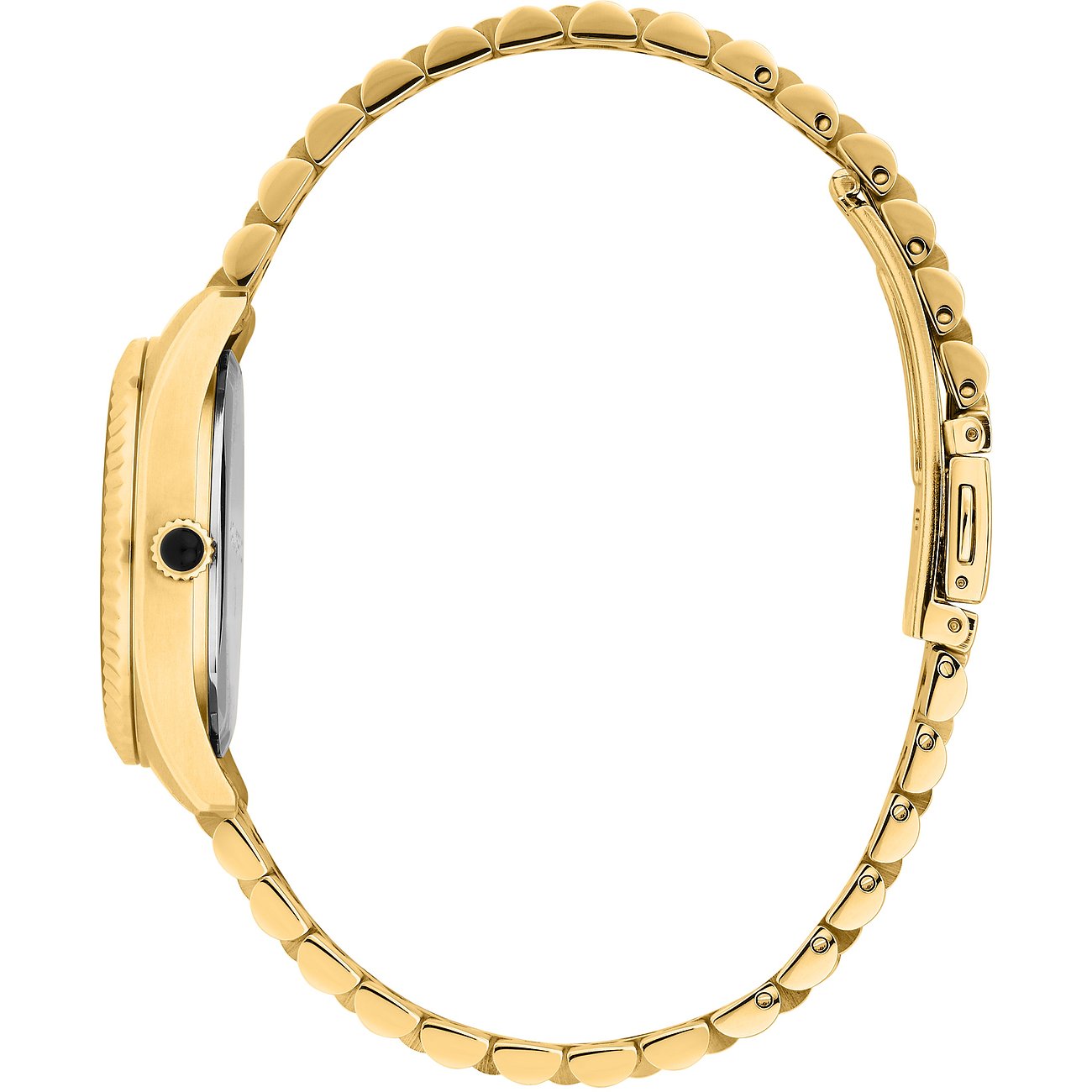 Seitenansicht einer goldenen Karl Lagerfeld Damenuhr aus Edelstahl mit geschlossener Schließe.