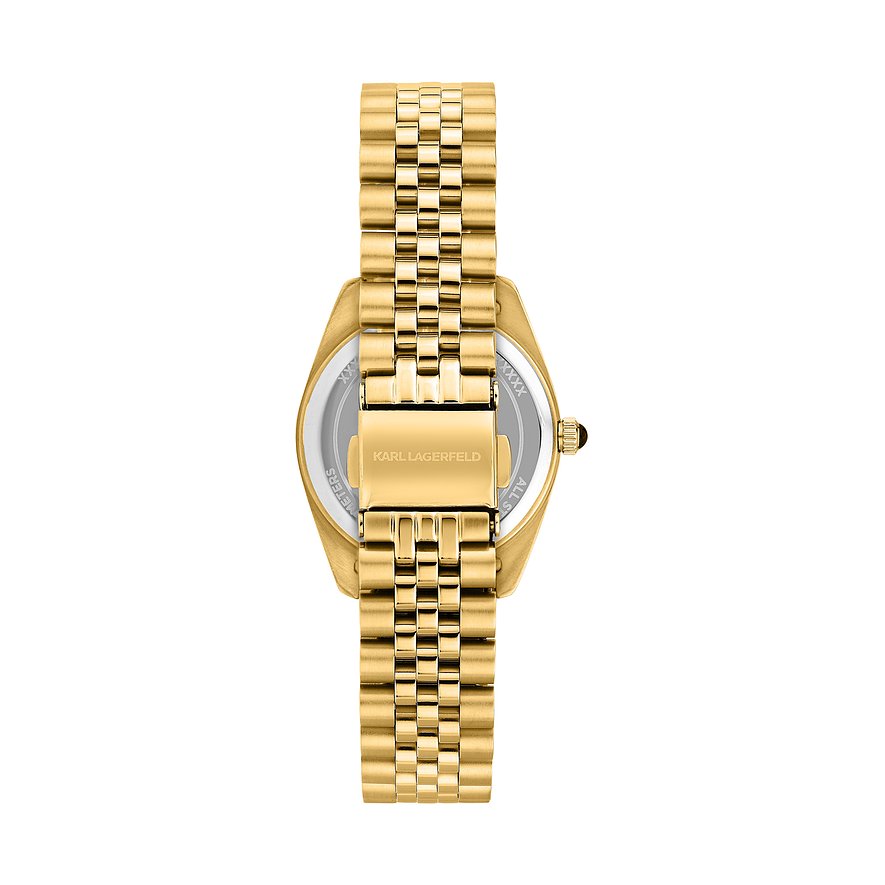 Rückansicht der Karl Lagerfeld Damenuhr aus goldfarbenem Edelstahl mit geschlossenem Gliederarmband.
