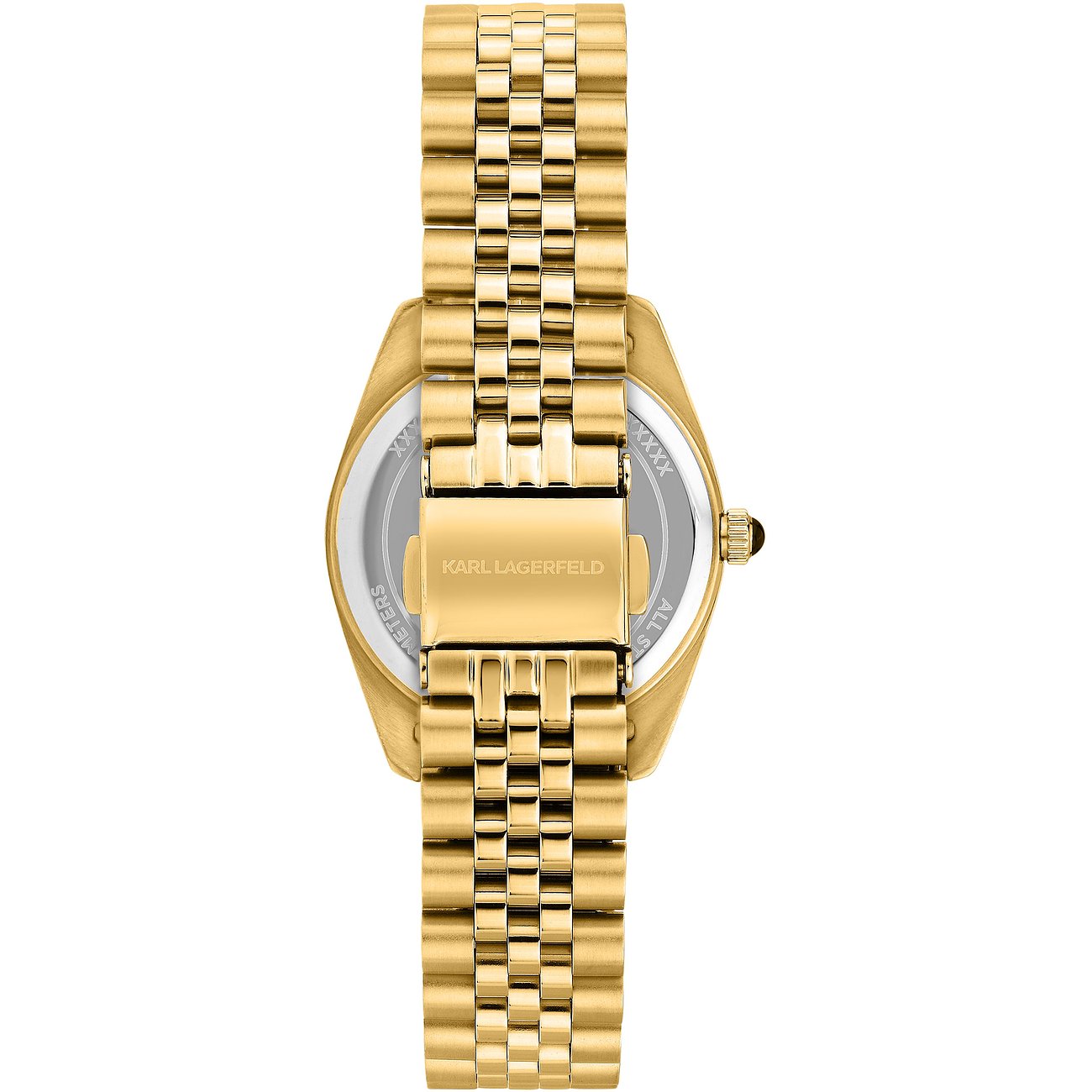 Rückansicht der Karl Lagerfeld Damenuhr aus goldfarbenem Edelstahl mit geschlossenem Gliederarmband.