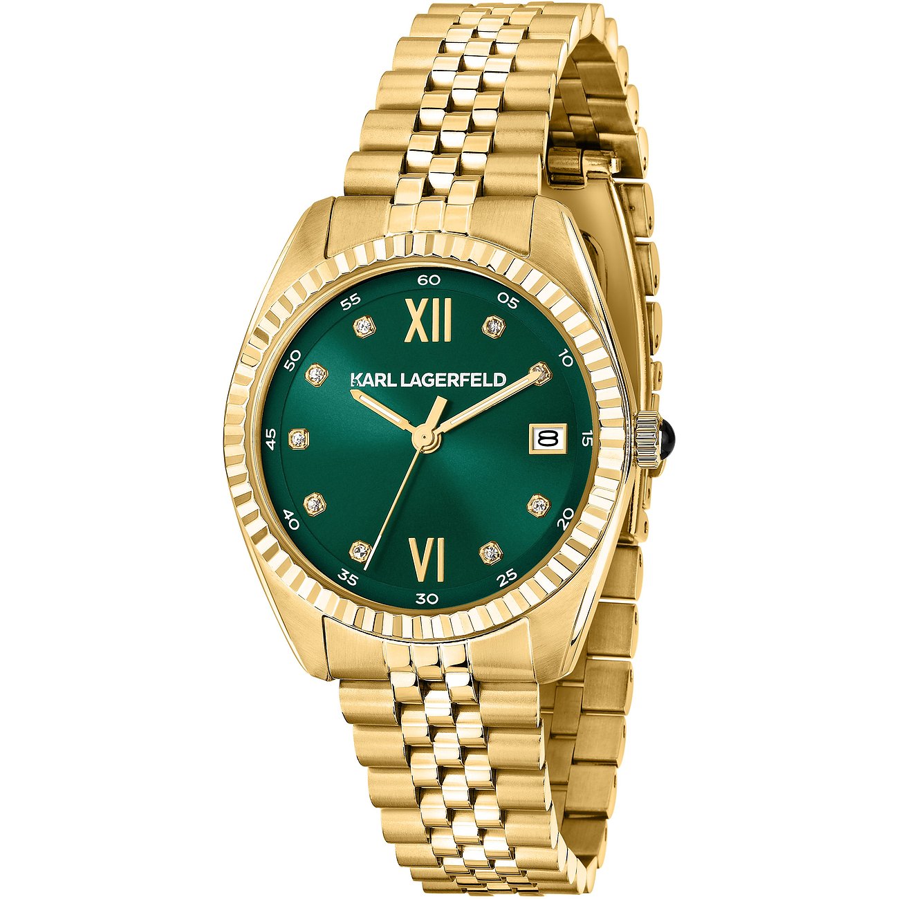 Orologio Karl Lagerfeld da donna in acciaio dorato, quadrante verde scuro, pietre scintillanti.