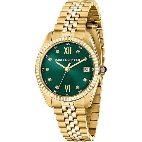 Orologio Karl Lagerfeld da donna in acciaio dorato, quadrante verde scuro, pietre scintillanti.