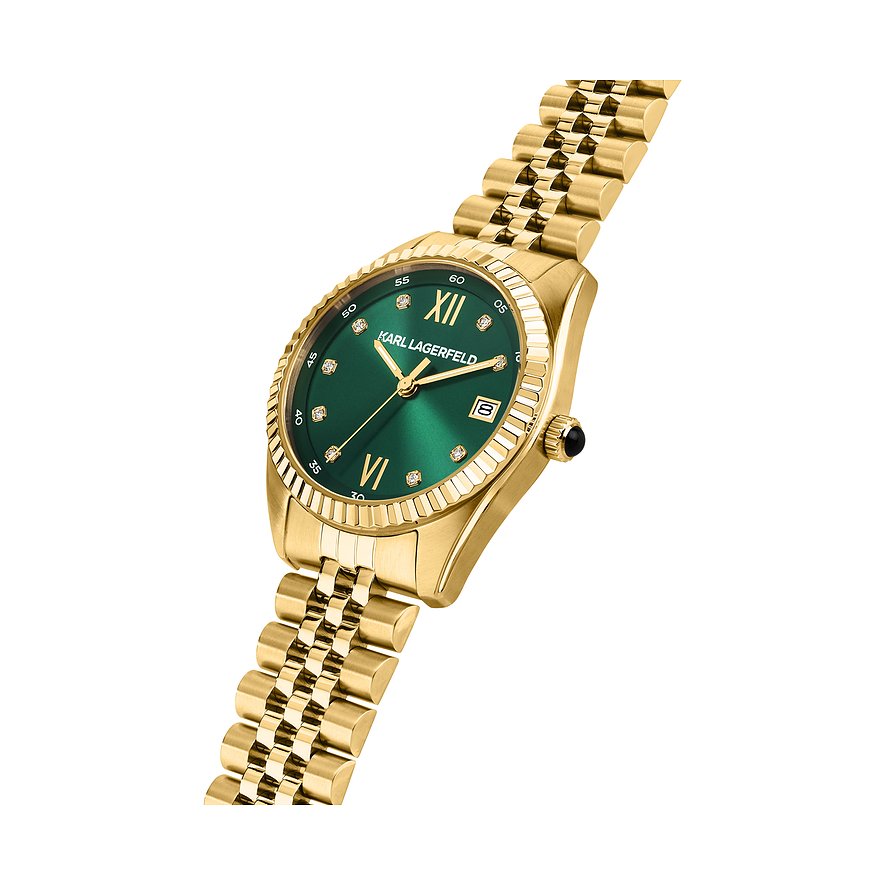 Orologio da donna Karl Lagerfeld in acciaio color oro con ghiera scanalata e quadrante verde brillante.