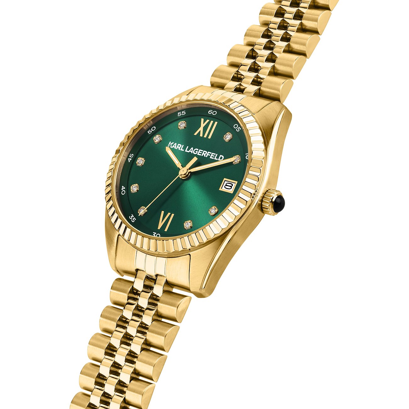 Orologio da donna Karl Lagerfeld in acciaio color oro con ghiera scanalata e quadrante verde brillante.