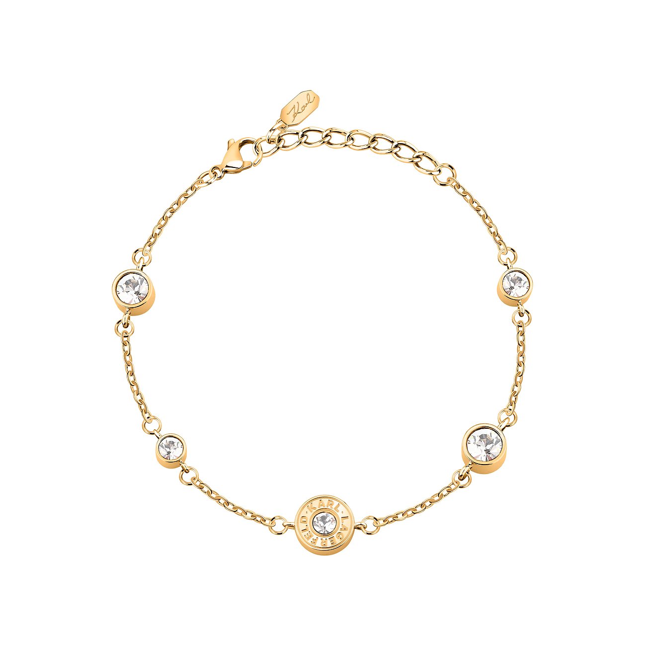 Karl Lagerfeld Armschmuck aus goldfarbenem Edelstahl mit mehreren runden Kristallen und Markenlogo