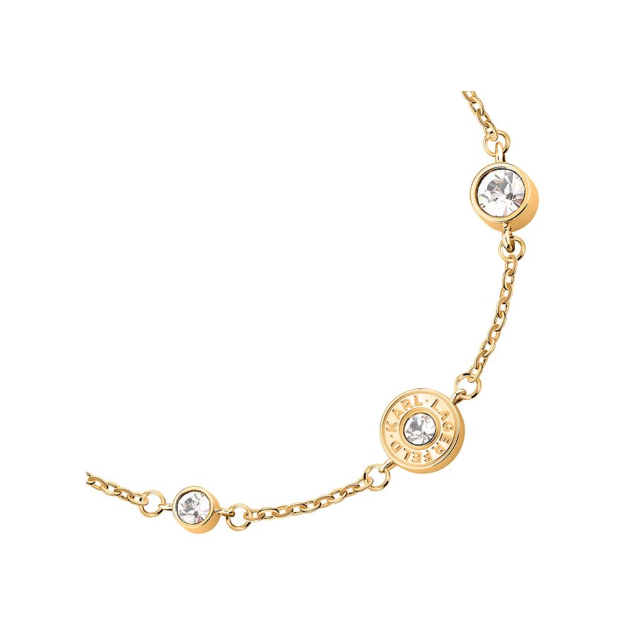 Karl Lagerfeld Armschmuck aus gelbgoldenem Edelstahl mit Kette und drei Kristallen.